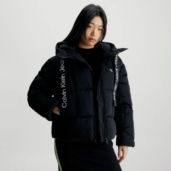 Logo Drawstring Short Puffer - Black Hot on Sale