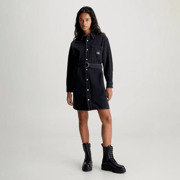 Belted Denim Shirt Dress - Washed Black Online Sale